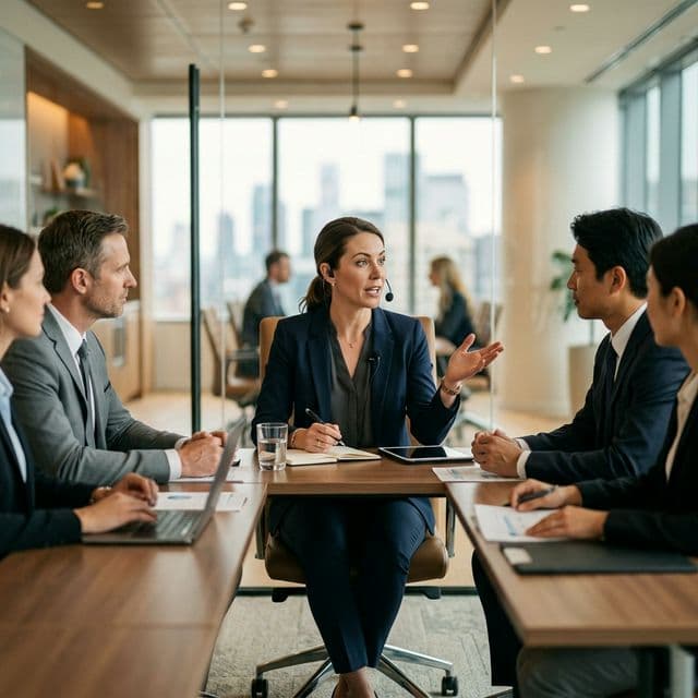 Professional interpreter facilitating a business meeting